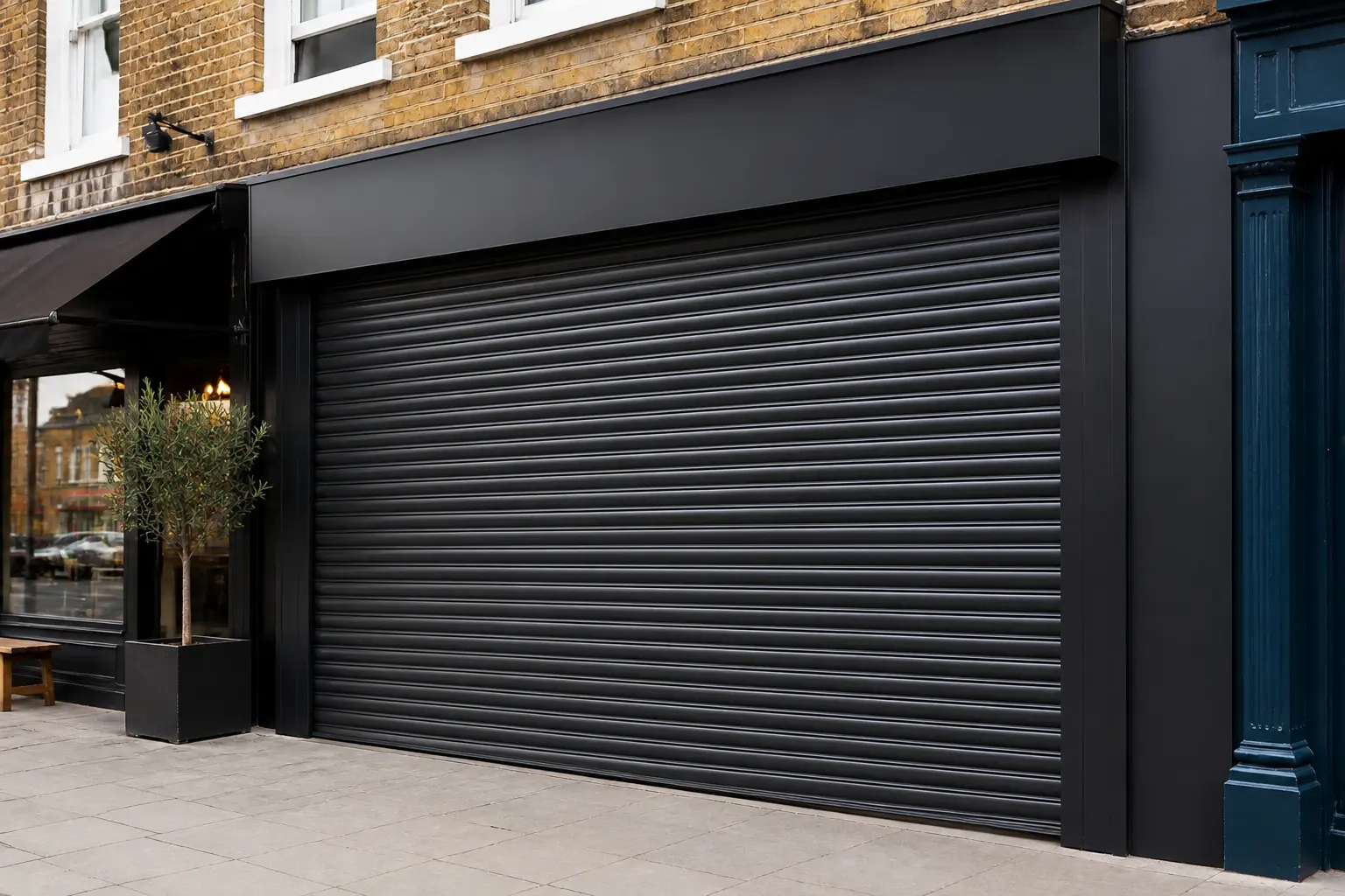 Steel security shopfront – modern storefront with shutter door, insurance-grade and impact resistant