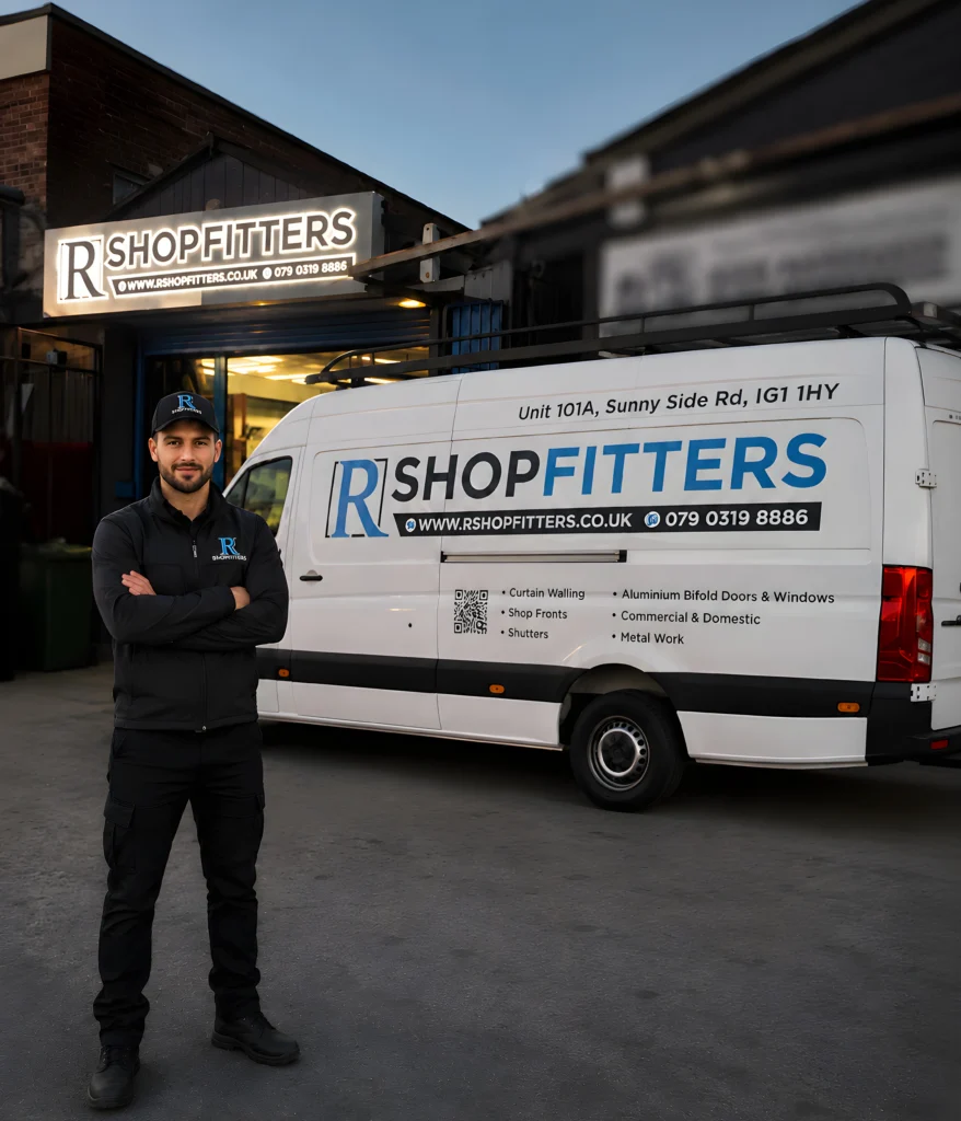R Shopfitters team in front of workshop with van