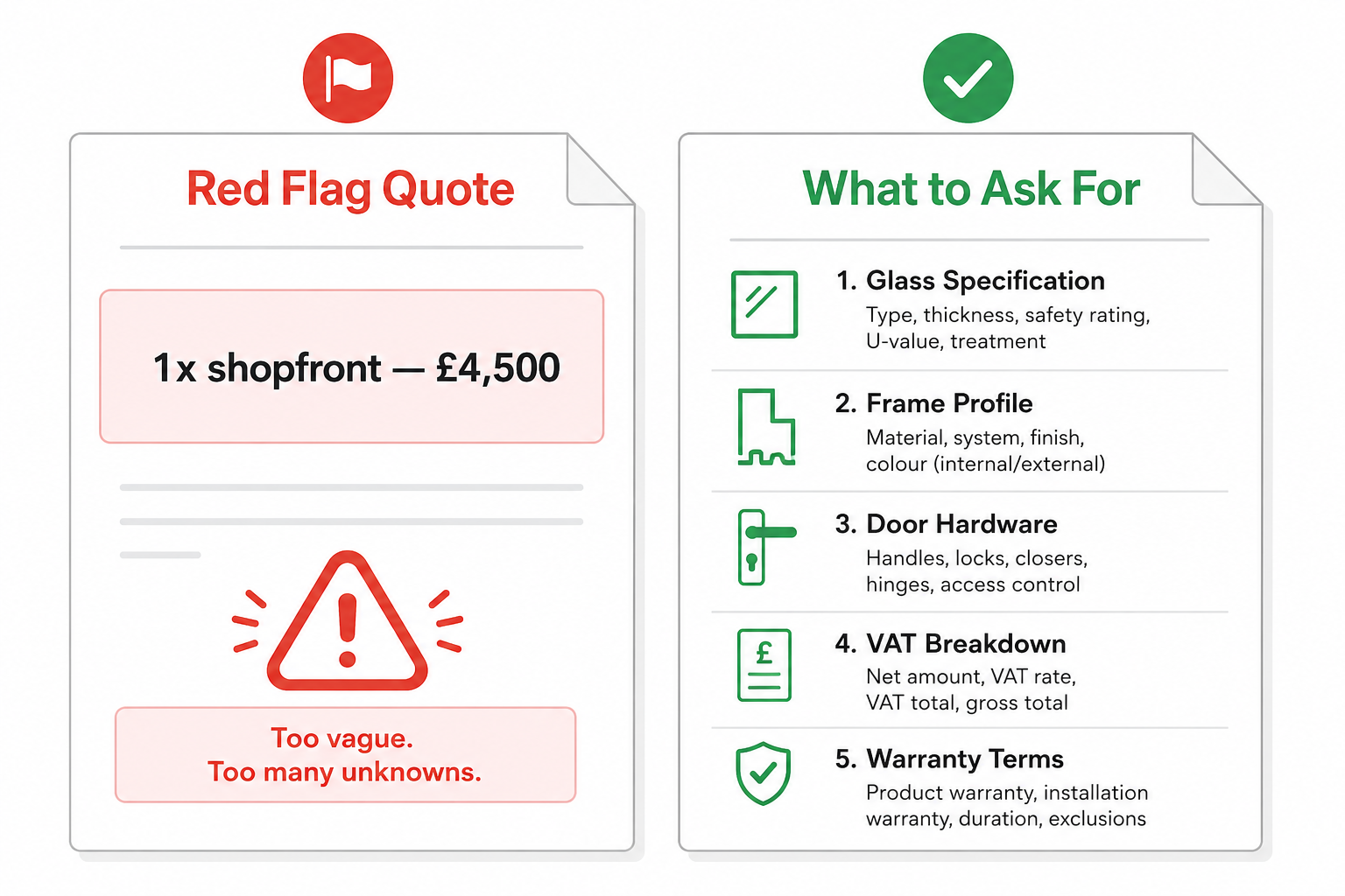 red flag quote (lump sum, no spec, no vat line) vs what a good quote looks like (itemised, spec listed, vat shown)