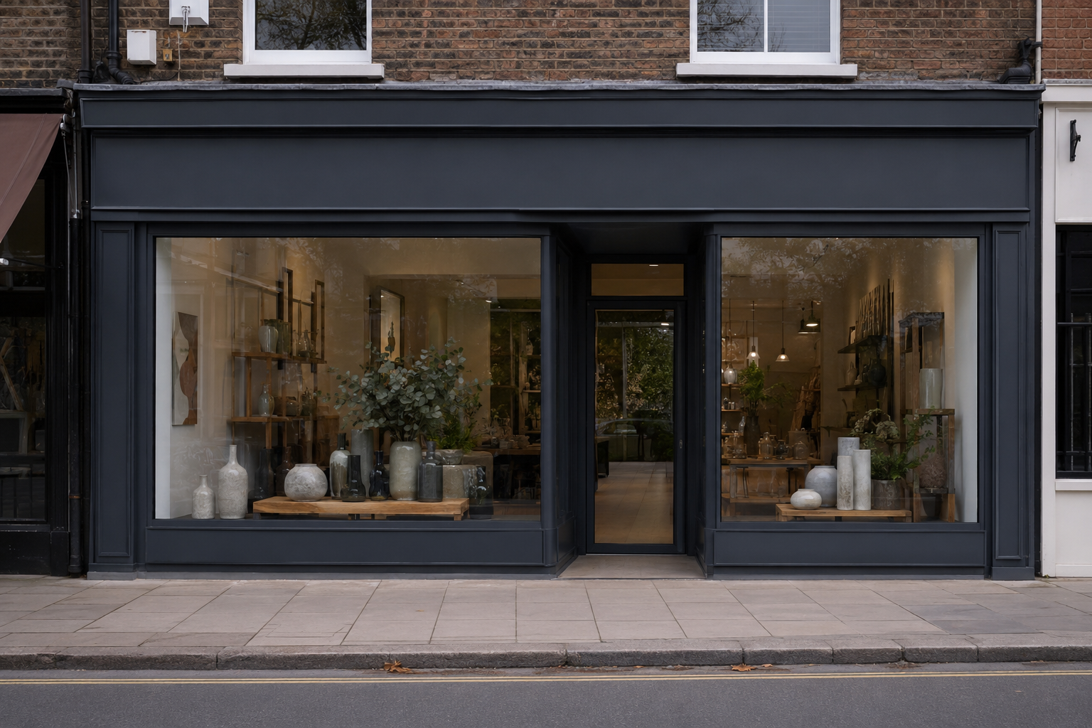 Modern aluminium shop front design with large glass display and matching secondary access door in the UK