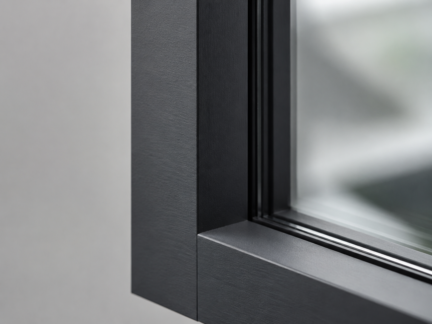 Close-up of modern aluminium shop front design with slim black powder-coated frame and double glazing
