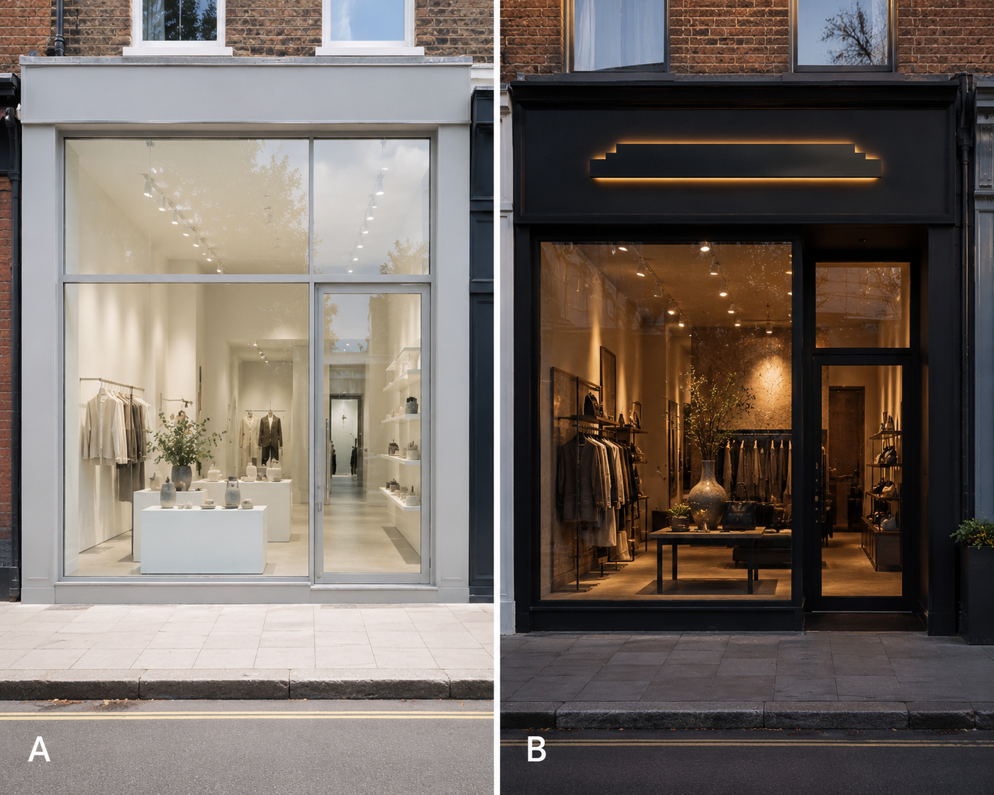 Comparison of modern aluminium shop front designs with white and black powder-coated finishes