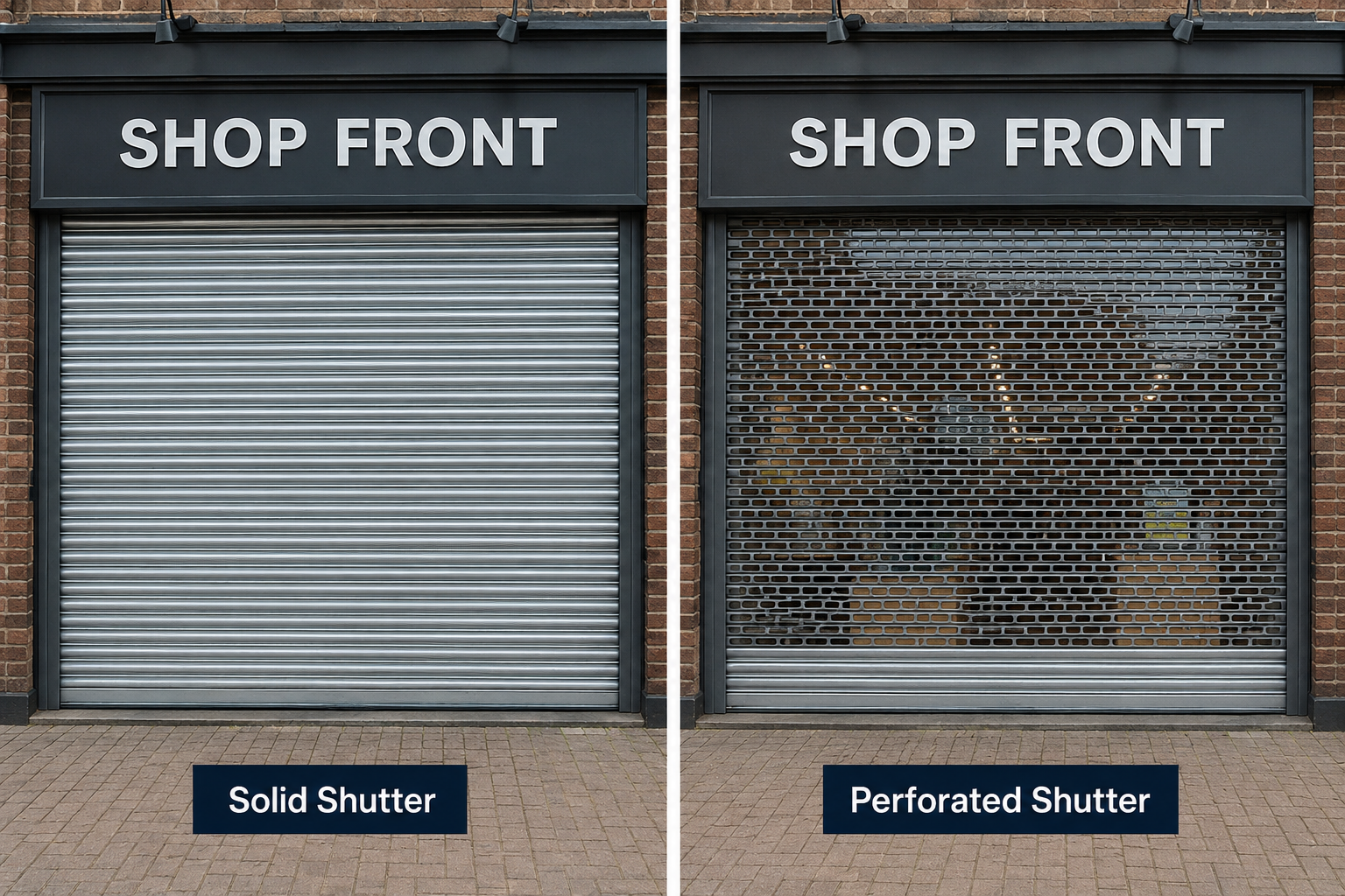 olid vs perforated roller shutter shopfront uk commercial roller shutter types comparison