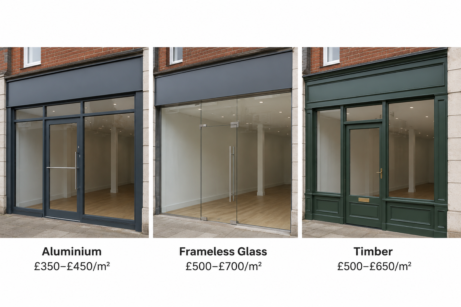 shopfront types comparison aluminium frameless timber uk frameless vs aluminium shopfront side by side