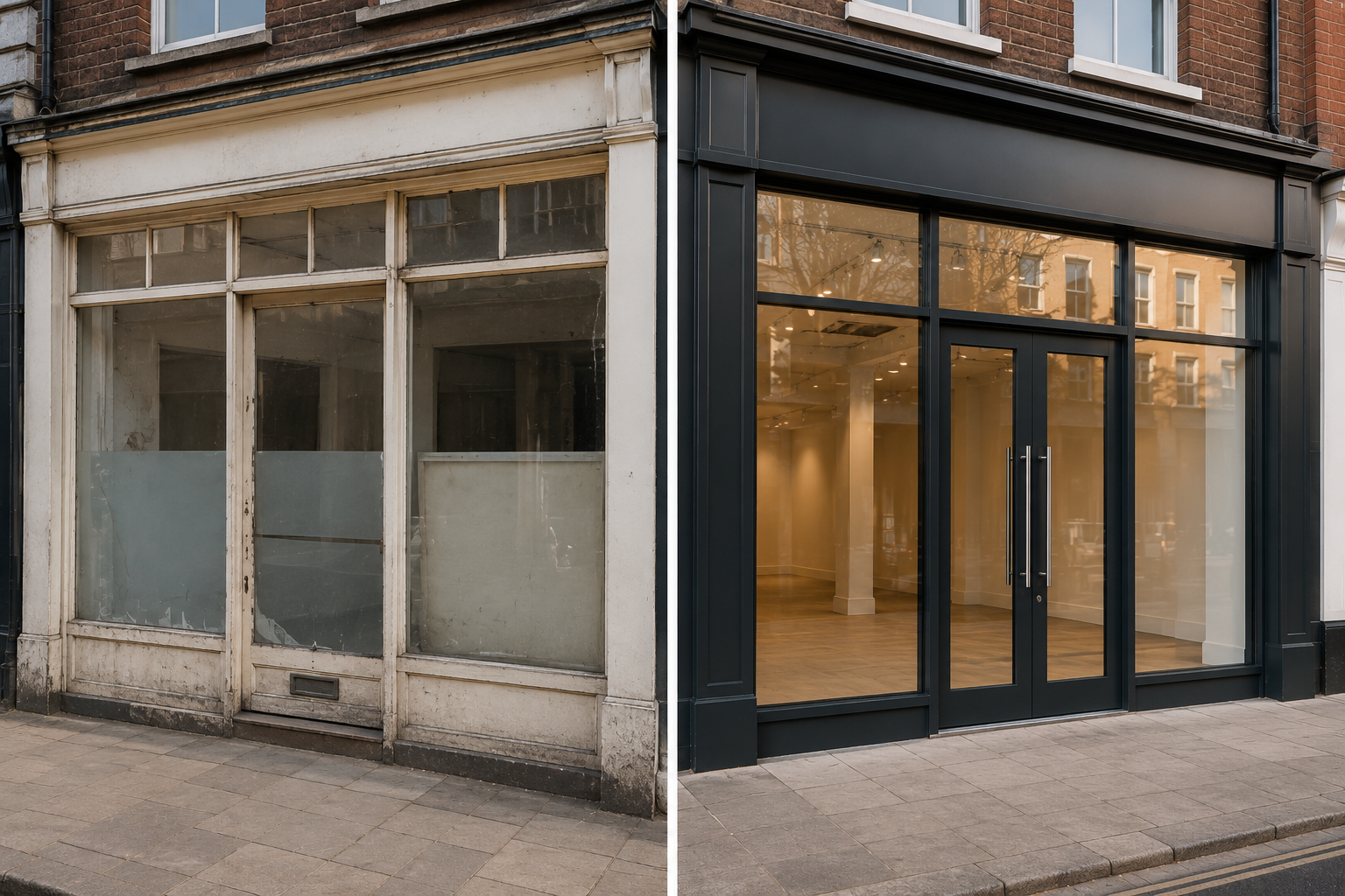 Before and after commercial shopfront renovation in London
