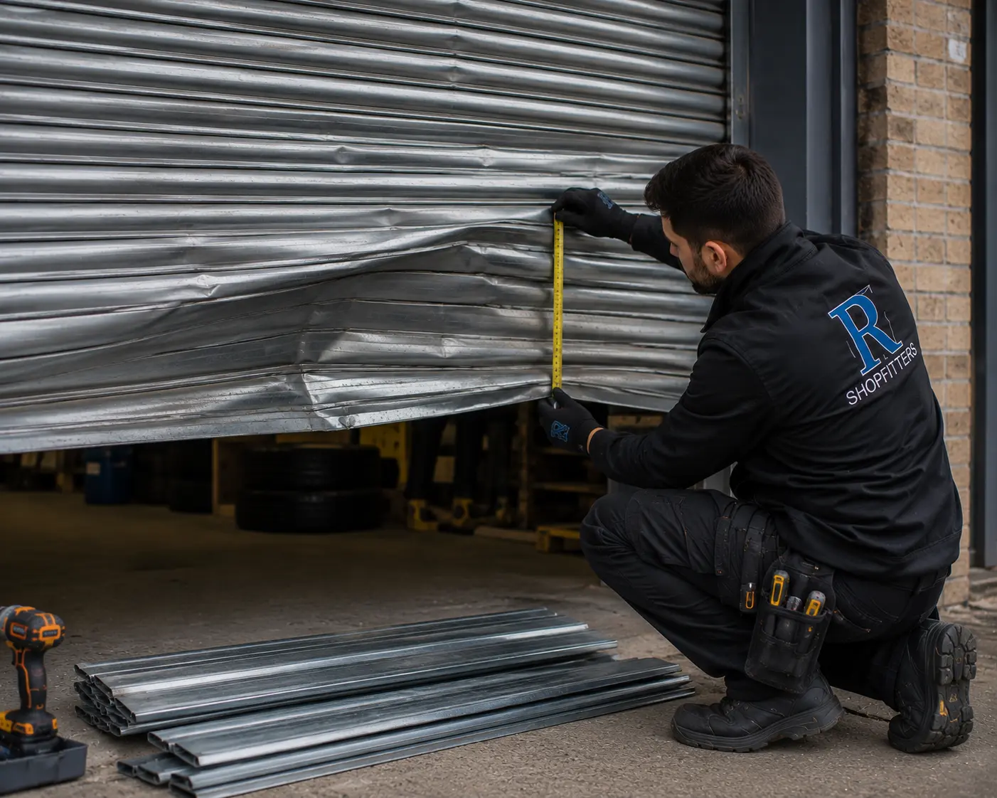 bent damaged steel roller shutter slats after vehicle impact, engineer measuring replacement sections, UK commercial street, photography