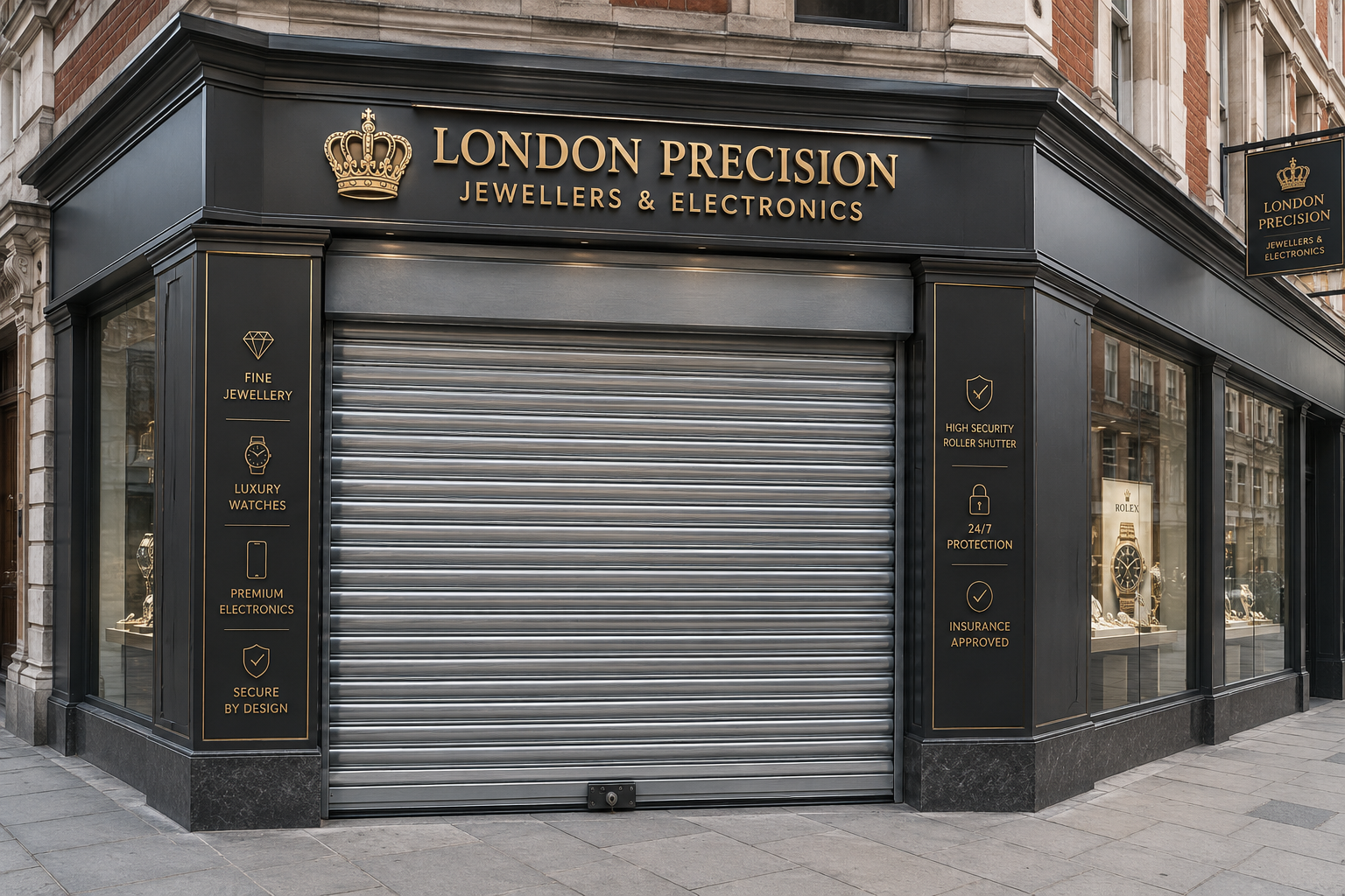 Heavy-duty steel roller shutter designed for high-security commercial retail properties.