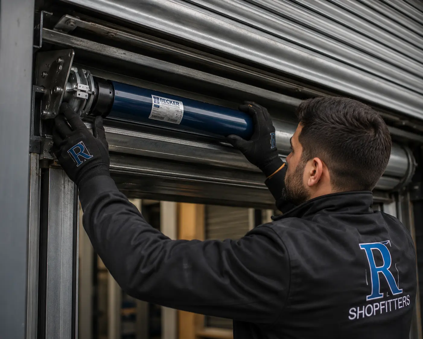 close-up engineer replacing tubular motor inside commercial roller shutter barrel, tools, dark industrial environment, photography