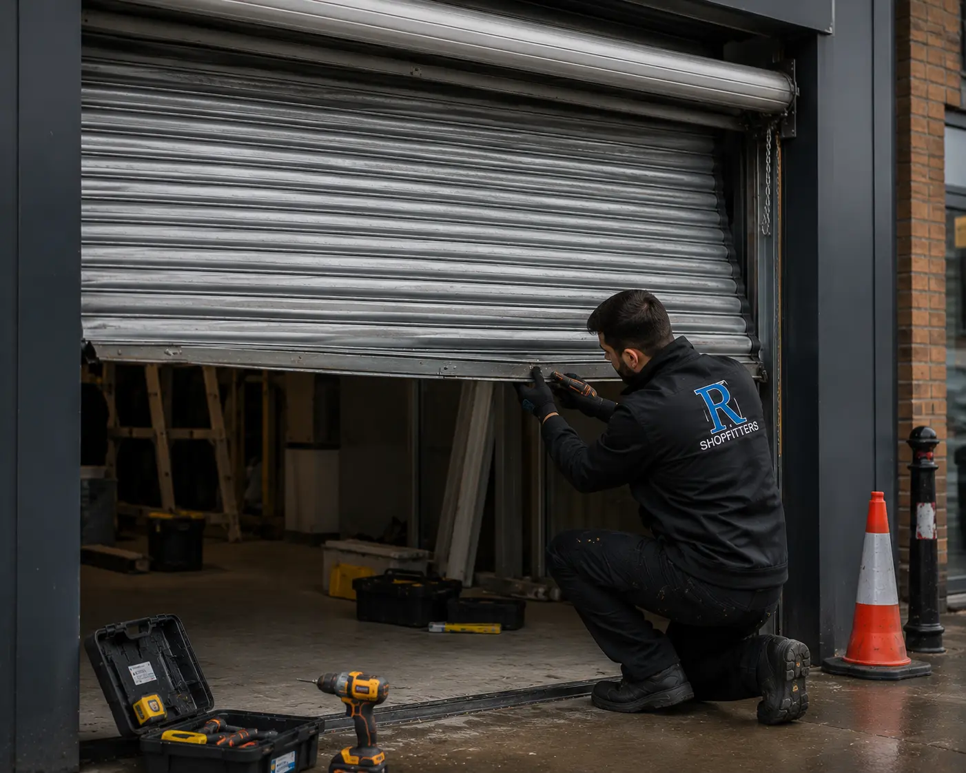 commercial roller shutter partially open failing to close, technician diagnosing fault, UK street, dark tones, photography