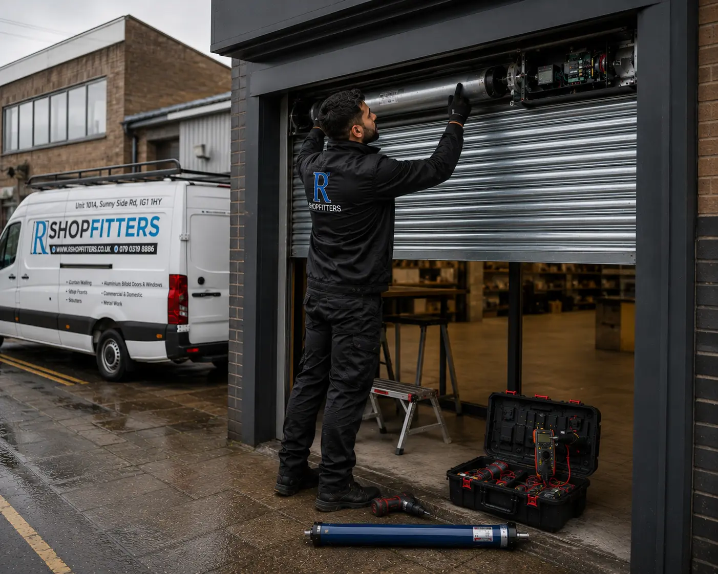 stuck commercial roller shutter that won't open on a UK shop front, engineer inspecting, dark navy tones, photography
