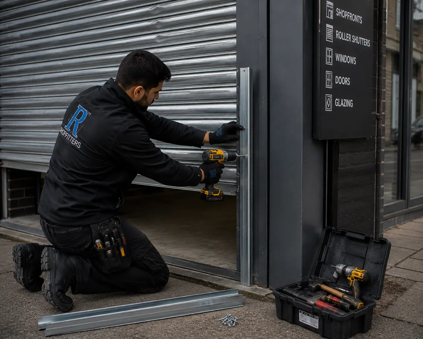 engineer replacing damaged roller shutter guide rails outside UK commercial shop, professional repair, dark tones, photography
