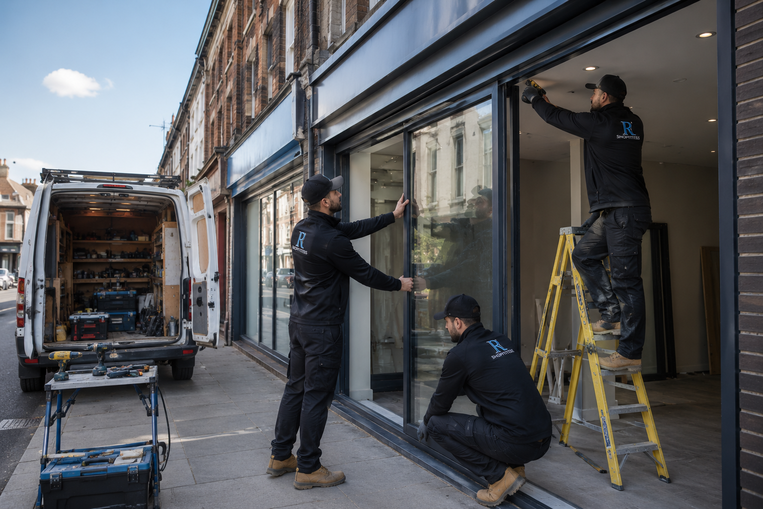 Professional London shopfitters installing an aluminium shopfront