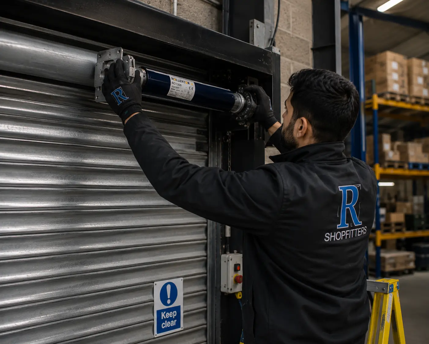 before and after commercial roller shutter motor replacement on UK retail shop, repaired shutter fully operational, Chelmsford, photography