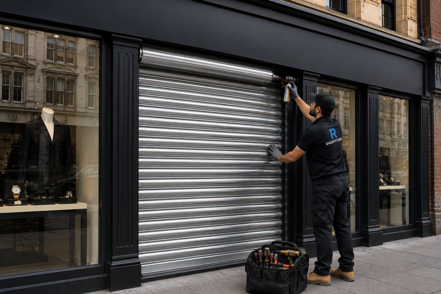 Technician performing routine maintenance on a commercial aluminium roller shutter.