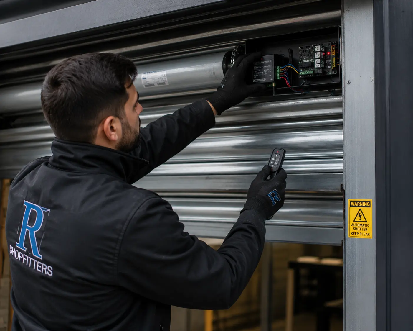 technician testing remote control receiver on electric commercial roller shutter, diagnostic equipment, dark navy tones, photography