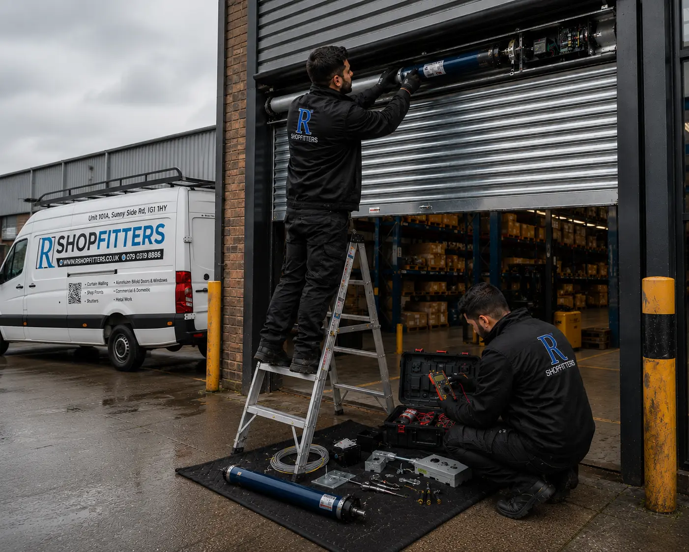 two repair engineers diagnosing commercial roller shutter motor with professional tools inside warehouse loading bay, realistic UK industrial environment, dark navy tones, photography