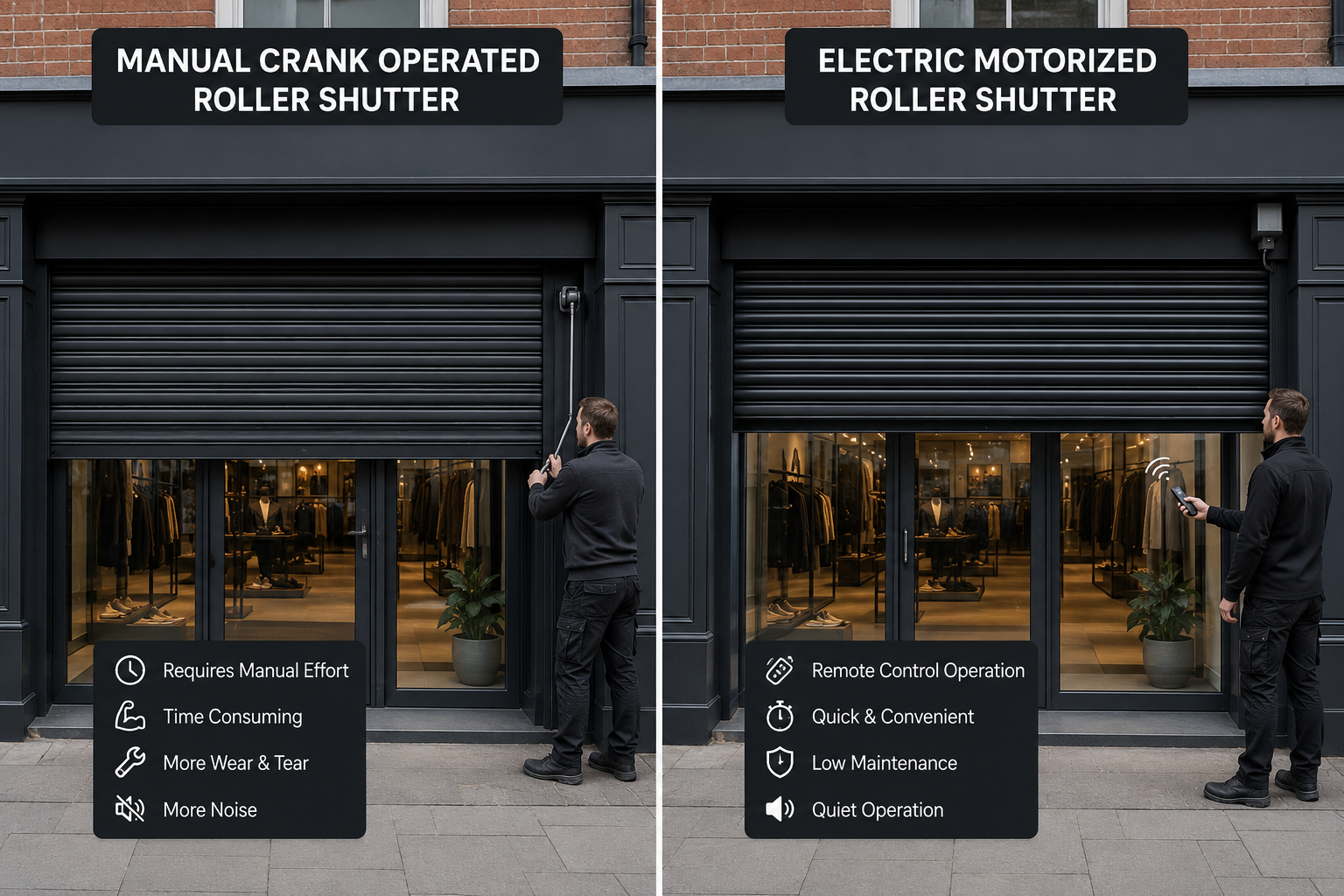 Side-by-side comparison of manual and electric commercial roller shutters installed on retail shopfronts.
