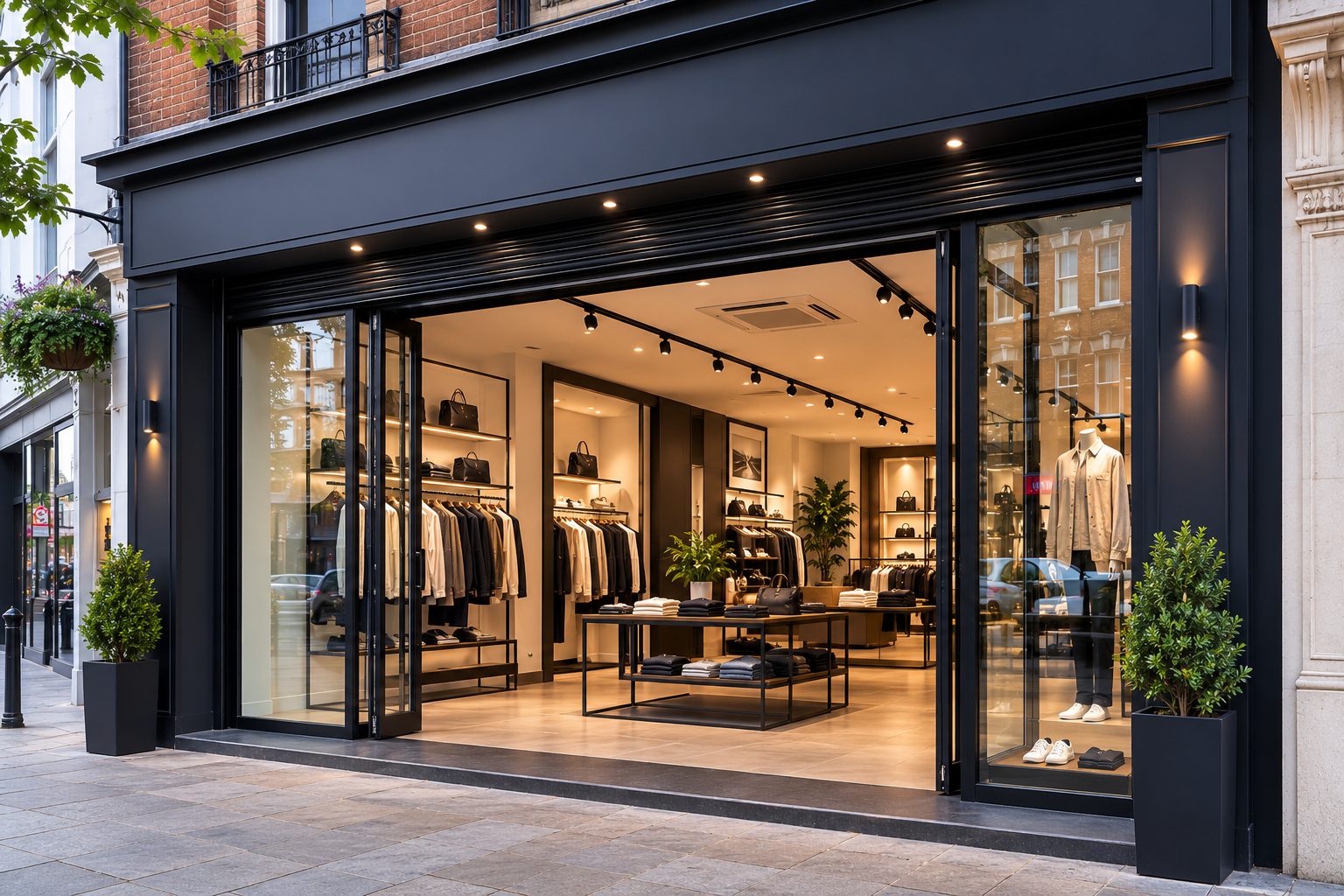 Modern retail shop featuring a premium electric roller shutter and aluminium shopfront in the UK.
