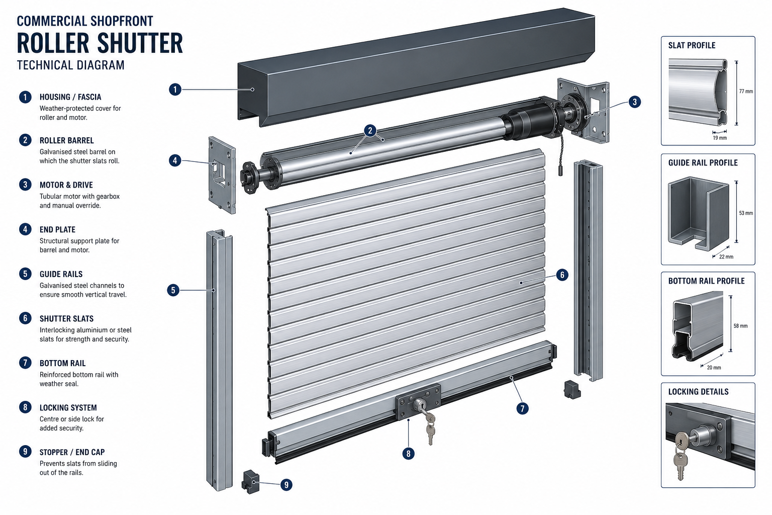 Diagram showing the main components of a commercial shopfront roller shutter including slats guides motor housing and locking system.
