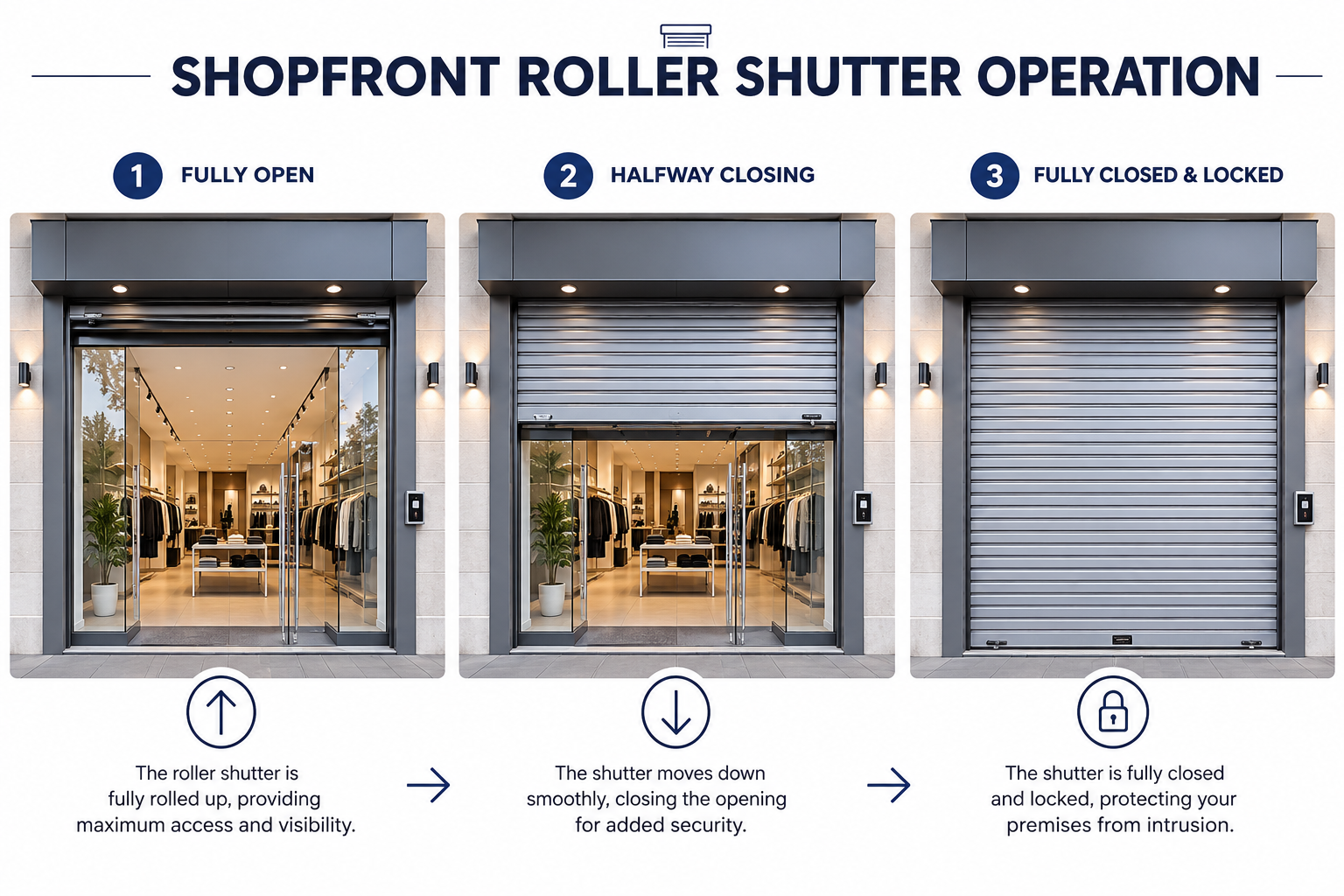Step by step illustration showing how a commercial roller shutter opens closes and locks over a shopfront.