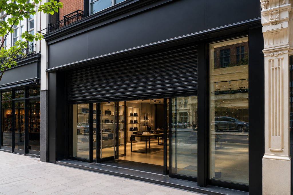 Modern aluminium shopfront with motorized roller shutter installed on a retail store in London providing commercial security and overnight protection.