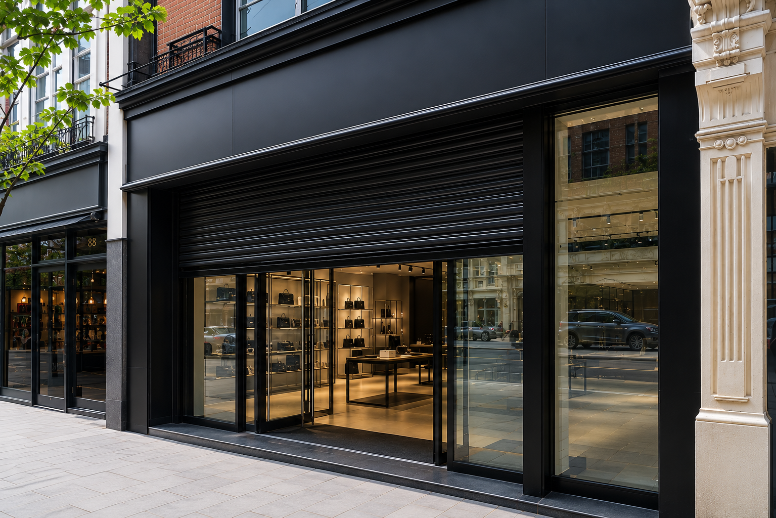 Modern aluminium shopfront with motorized roller shutter installed on a retail store in London providing commercial security and overnight protection.