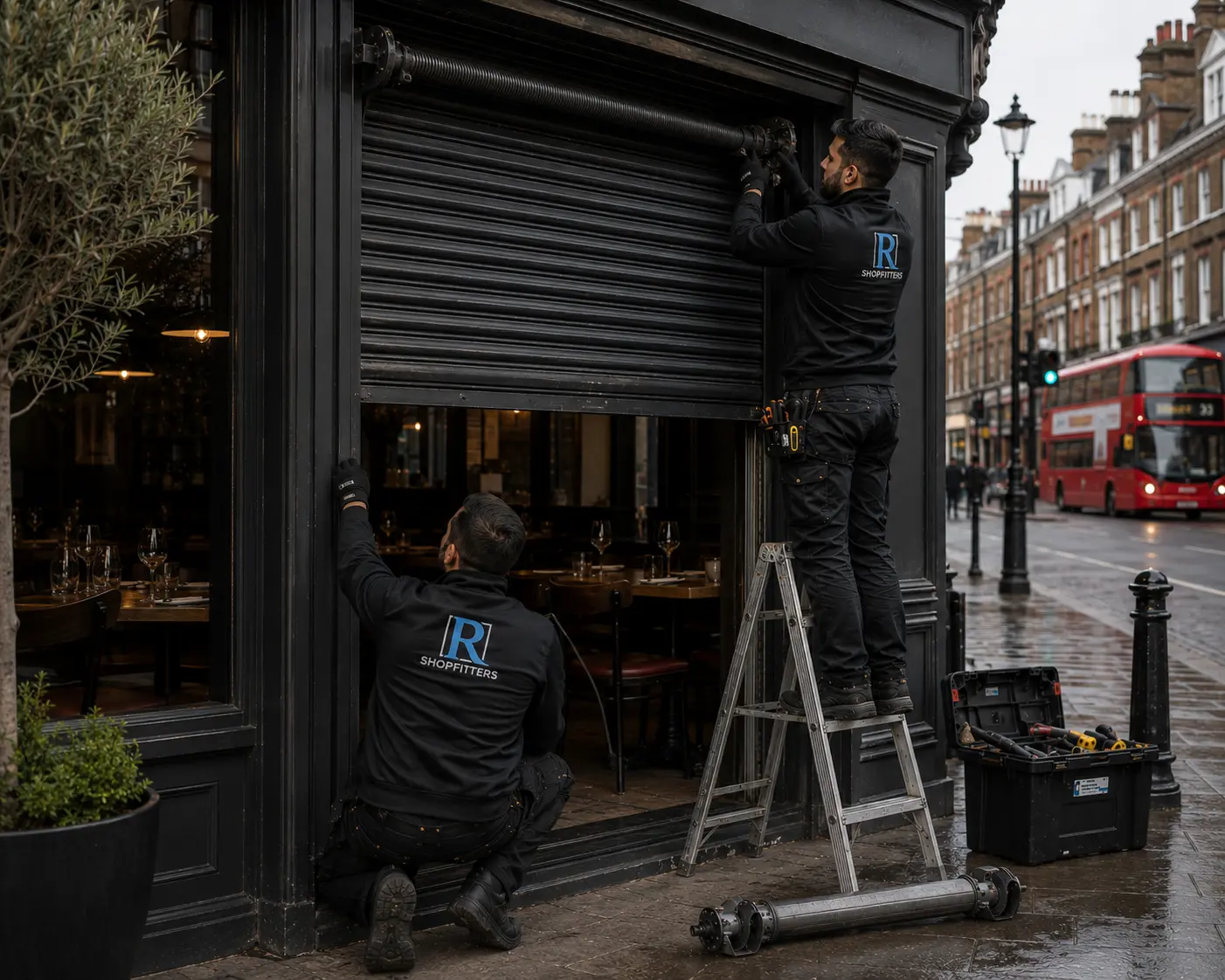 roller shutter guide rail replacement on restaurant shopfront UK, engineer fixing damaged rail, Southend, photography