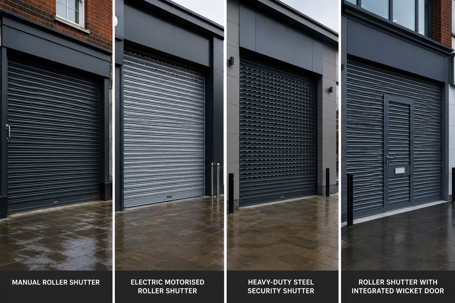 Comparison of manual, motorized, heavy-duty steel and wicket door roller shutters for commercial shopfronts in the UK.